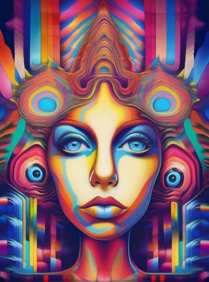 Psychedelic, psy art, colorful, 1girl, solo, abstract, blue eyes, portrait, multicolored hair, looking at viewer <lora:sdxl_Psychedelic:0.8>