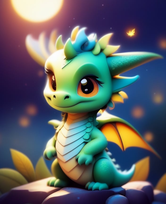 <lora:sdxl_cutedragon:1>cute dragon, no humans, solo, leaf, horns, watermark, night, moon, bokeh