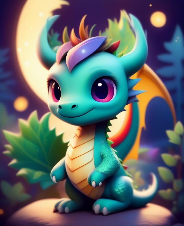 <lora:sdxl_cutedragon:1>cute dragon, no humans, solo, leaf, horns, watermark, night, moon, bokeh