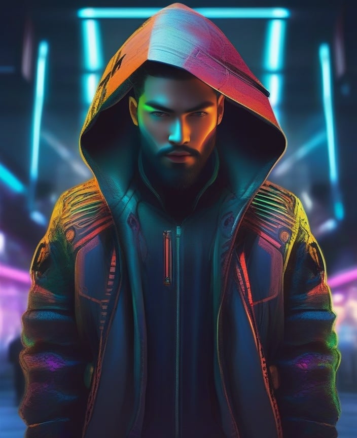 1boy, beard, cable, cyberpunk, cyberpunk style, cyborg, facial hair, hood, jacket, looking at viewer, male focus, neon lights, open clothes, science fiction, solo, upper body<lora:sdxl_cyberpunk-000003:0.65>