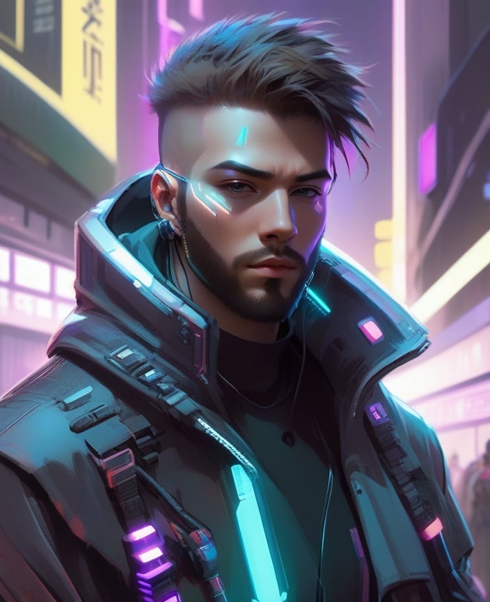 1boy, beard, cable, cyberpunk, cyberpunk style, cyborg, facial hair, hood, jacket, looking at viewer, male focus, neon lights, open clothes, science fiction, solo, upper body<lora:sdxl_cyberpunk-000003:0.65>