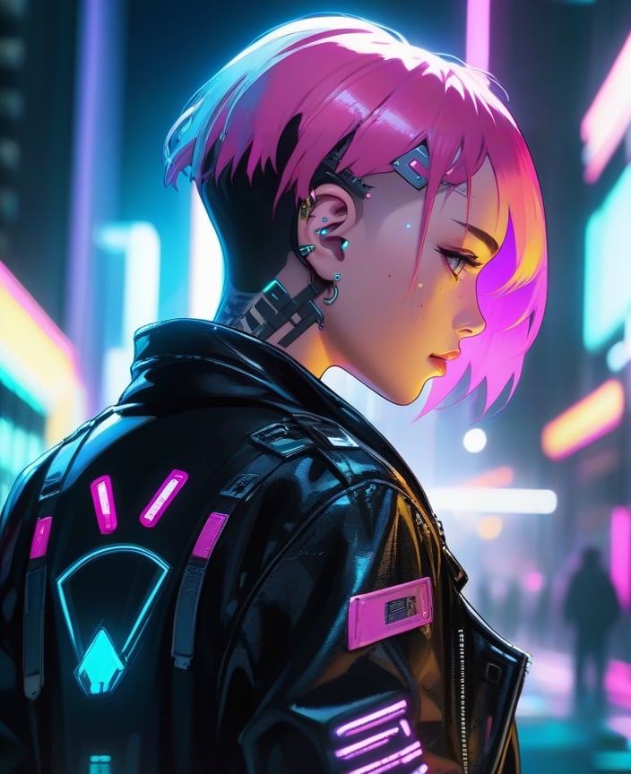 1boy, 1girl, bandaid, bandaid on face, bandaid on nose, black jacket, cyberpunk, cyberpunk style, cyborg, depth of field, from side, glowing, jacket, leather, leather jacket, lips, male focus, neon lights, night, pink hair, profile, short hair, solo, tattoo, undercut, upper body, zipper<lora:sdxl_cyberpunk-000003:0.65>