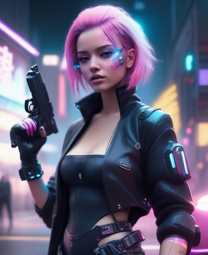 1girl, black gloves, black jacket, blurry, bodysuit, car, cowboy shot, cyberpunk, cyberpunk style, fingerless gloves, gloves, glowing, ground vehicle, gun, handgun, holding, holding weapon, jacket, lips, motor vehicle, neon lights, night, outdoors, pants, pink hair, realistic, science fiction, solo, standing, weapon<lora:sdxl_cyberpunk-000003:0.65>