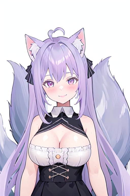 Crecentmoon, pink eyes, very long hair, cat ears, virtual youtuber, cat girl_twintails_animal ear fluff, 1girl, solo, long hair, breasts, smile, large breasts, white background, animal ears, cleavage, three fluffy fox tails, ahoge, silver to light purple gradient hair color, <lora:EMS-23669-EMS:0.8>