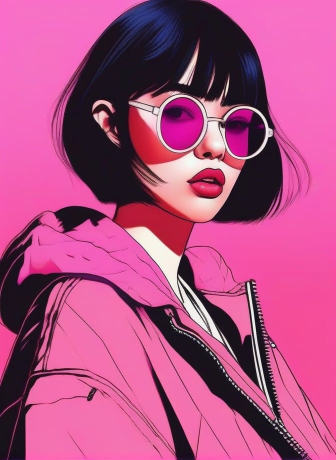 1girl, aesthetic, bangs, blunt bangs, glasses, jacket, lips, looking at viewer, parted lips, pink background, pink hair, pink theme, portrait, short hair, solo, teeth, tinted eyewear<lora:sdxl_aesthetic:1>