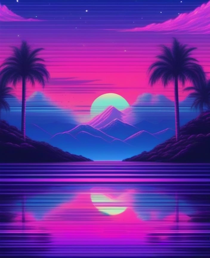 aesthetic, bird, cloud, mountain, night, no humans, outdoors, palm tree, scenery, sky, star \(sky\), starry sky, sunset, tree, water, vaporwave <lora:sdxl_aesthetic:1>