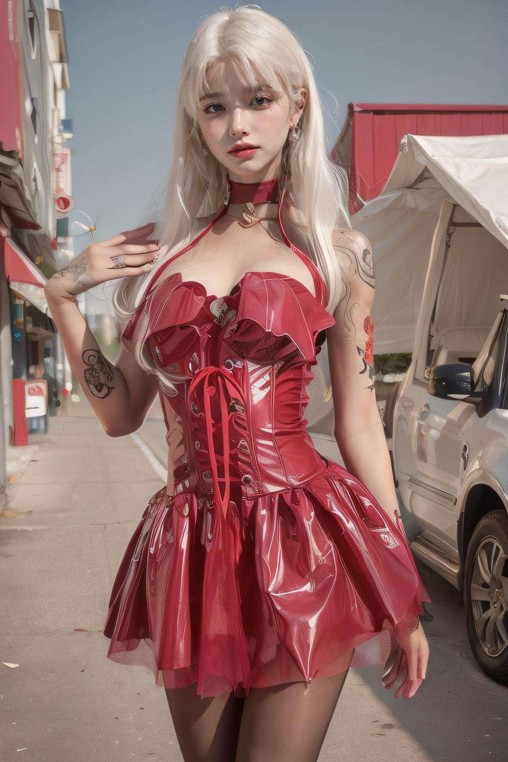 masterpiece,best quality,(photorealistic:1.4),(ultra detailed:1.3),masterpiece,(white hair:1.2),(red dress:1.2),(long hair:1.3),large breasts,(tattoo:1.3),pantyhose,(city:1.2),unity 8k wallpaper,(outdoors:1.3),1girl,<lora:Nun dress_20230731111324:0.9>,