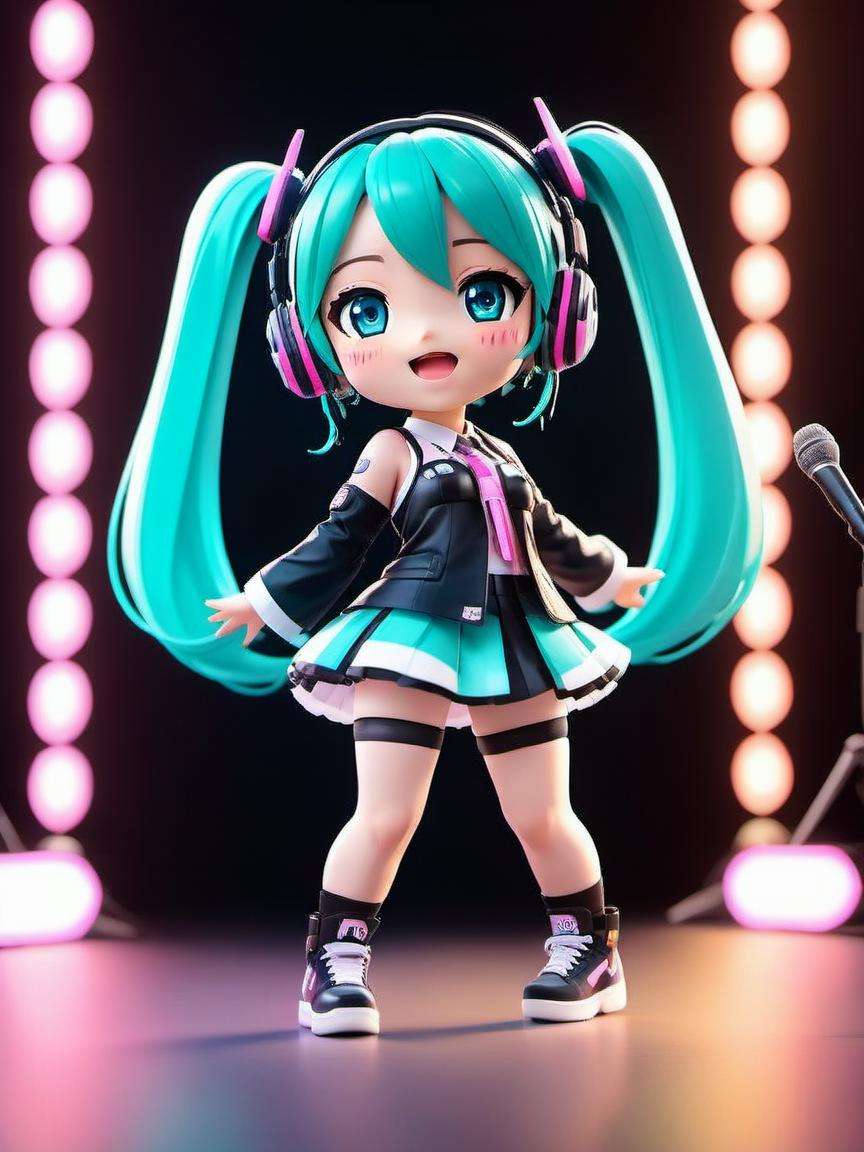 (masterpiece),(best quality),(ultra-detailed),(photorealistic),(full body:1.2),chibi,1girl,Hatsune Miku with wireless mic gear,several brightly colored stripes on top of dark clothing with unique textures and patterns visible,music stage,pure joy,behind dynamic lights projected onto large video screens enveloping the stage,looking at viewer,(beautiful detailed eyes),vibrant neon hues,cinematic lightning,<lora:chibi:0.7>,chibi,