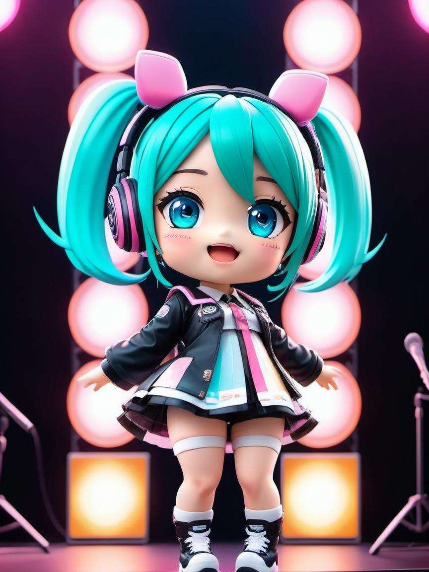 (masterpiece),(best quality),(ultra-detailed),(photorealistic),(full body:1.2),chibi,1girl,Hatsune Miku with wireless mic gear,several brightly colored stripes on top of dark clothing with unique textures and patterns visible,music stage,pure joy,behind dynamic lights projected onto large video screens enveloping the stage,looking at viewer,(beautiful detailed eyes),vibrant neon hues,cinematic lightning,<lora:chibi:0.7>,chibi,