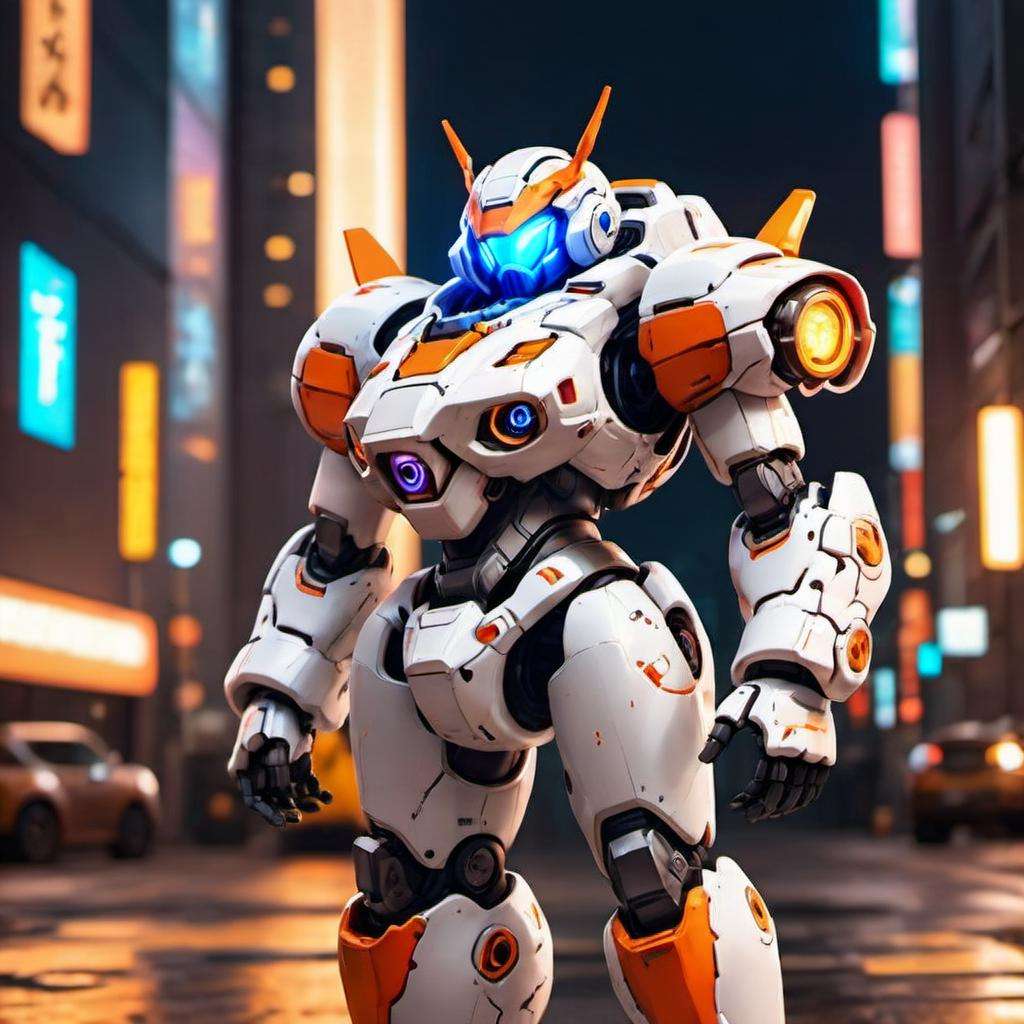 upper body,portrait,chibi,robot,the background is a city night view with cyberpunk style,(full body mecha:1.2),white orange armor,white shimmering hair,steel wings with a metallic texture,neon light,8K,RAW,best quality,masterpiece,ultra high res,colorful,(medium wide shot),(dynamic perspective),sharp focus,depth of field,extremely detailed eyes and face,beautiful detailed eyes,large breasts,(black gold, trimmed gear:1.2),(In a futuristic weapons factory:1.2),<lora:chibi:0.7>,