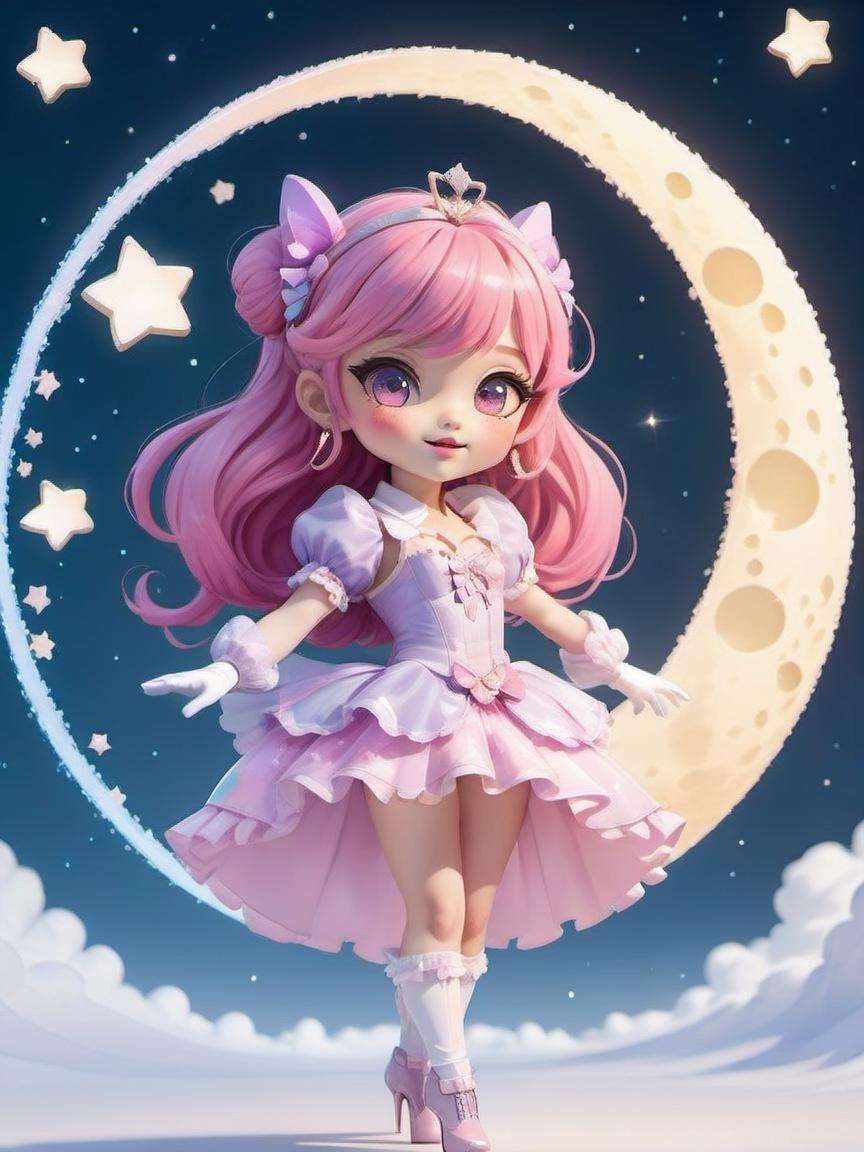 masterpiece,best quality,8k,cinematic light,ultra high res,chibi,1girl,full body,sparkling eyes,pink hair,long hair,hair bow,tiara,frilly dress,skirt,puffy sleeves,gloves,high heels,magical wand,(magical pet:1.1),flying,stars,moon,pastel colors,beautiful detailed background,(sparkles:1.2),glowing effects,dynamic pose,(powerful stance:1.3),action-packed,butterflies,(heart-shaped pupils:0.9),cheerful expression,<lora:chibi:0.7>,chibi,