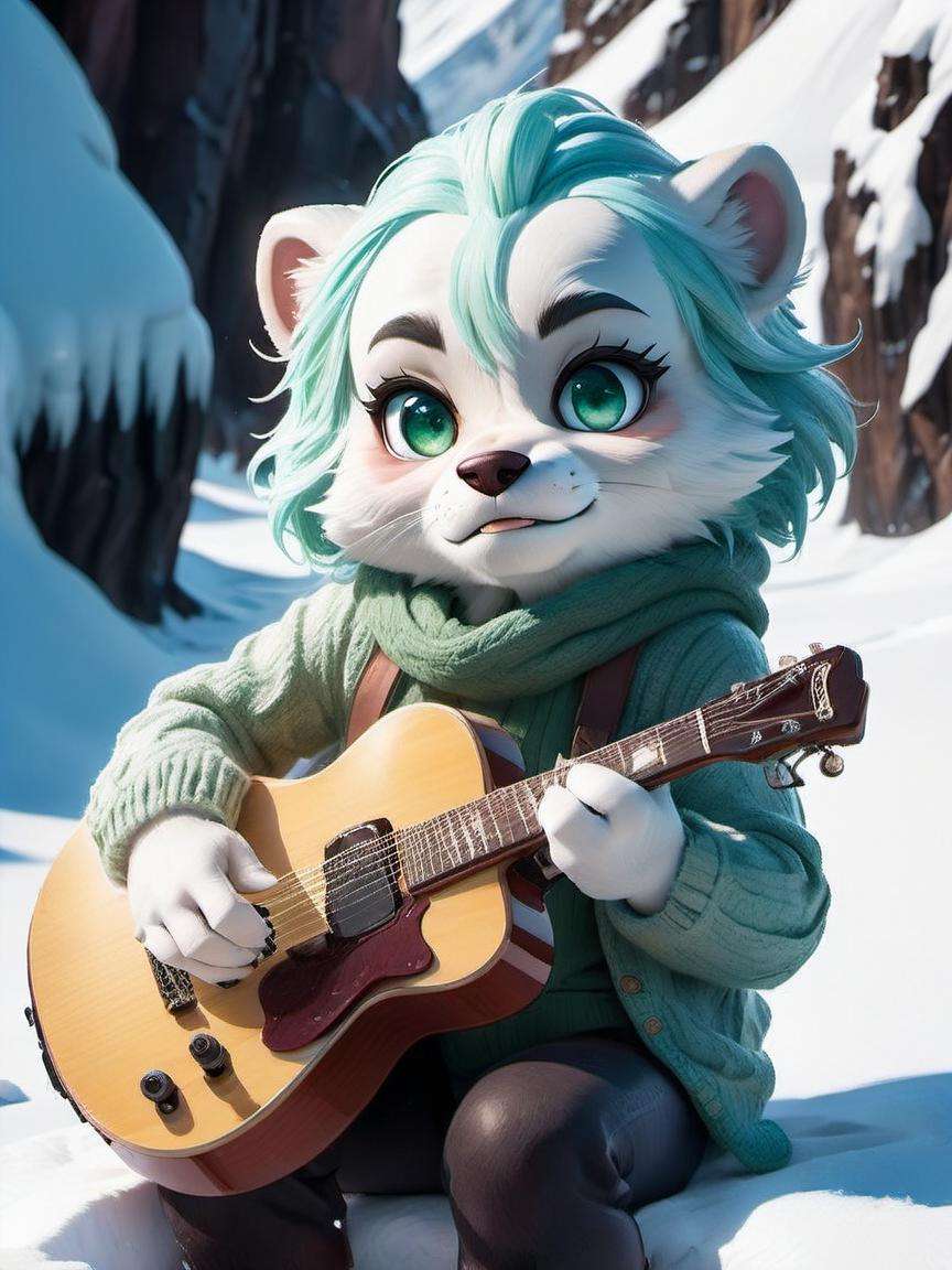 8k,best quality,masterpiece,portrait,seductive,looking at viewer,(by taran fiddler),(by darkgem:0.8),(by chunie:1),(holding electric guitar),(anthro claycalloway:1.2),dark green hair,(male),detailed fur,tough guy,handsome,white sweater,(detailed pixar eyes:1.2),detailed eyes,singing,mouth open,sitting,relaxed,Snowy mountain passes,frozen lakes,ice caves,skiing opportunities,winter wonderland,pristine landscapes,chibi,<lora:chibi:0.8>,