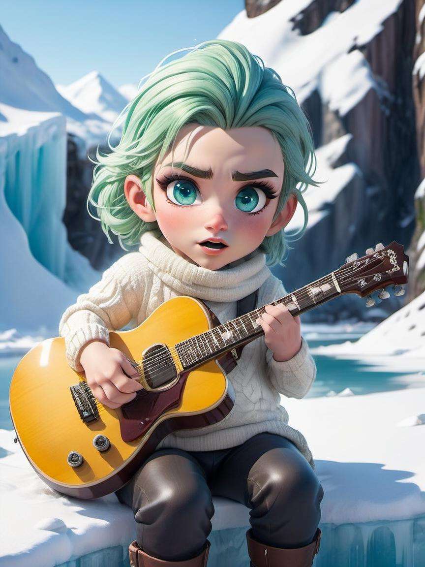 8k,best quality,masterpiece,portrait,seductive,looking at viewer,(by darkgem:0.8),(by chunie:1),(holding electric guitar),(anthro claycalloway:1.2),dark green hair,(male),handsome,white sweater,(detailed pixar eyes:1.2),detailed eyes,singing,mouth open,sitting,relaxed,Snowy mountain passes,frozen lakes,ice caves,skiing opportunities,winter wonderland,pristine landscapes,chibi,<lora:chibi:0.8>,