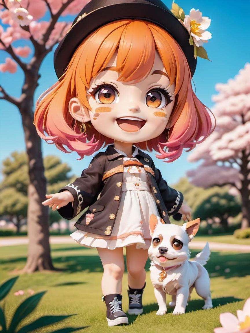 (masterpiece),(best quality),(ultra-detailed),(full body:1.2),ania,chibi,cute,smile,open mouth,flower,outdoors,((playing with a cute dog)),black  beret,sundress,blush,tree,:3,shirt,short hair,cherry blossoms,orange headwear,blurry,brown hair,blush stickers,long sleeves,bangs,pink hair,(yellow flower),(beautiful detailed face),(beautiful detailed eyes),solo,genshin impact,Demon wings,<lora:chibi:0.8>,