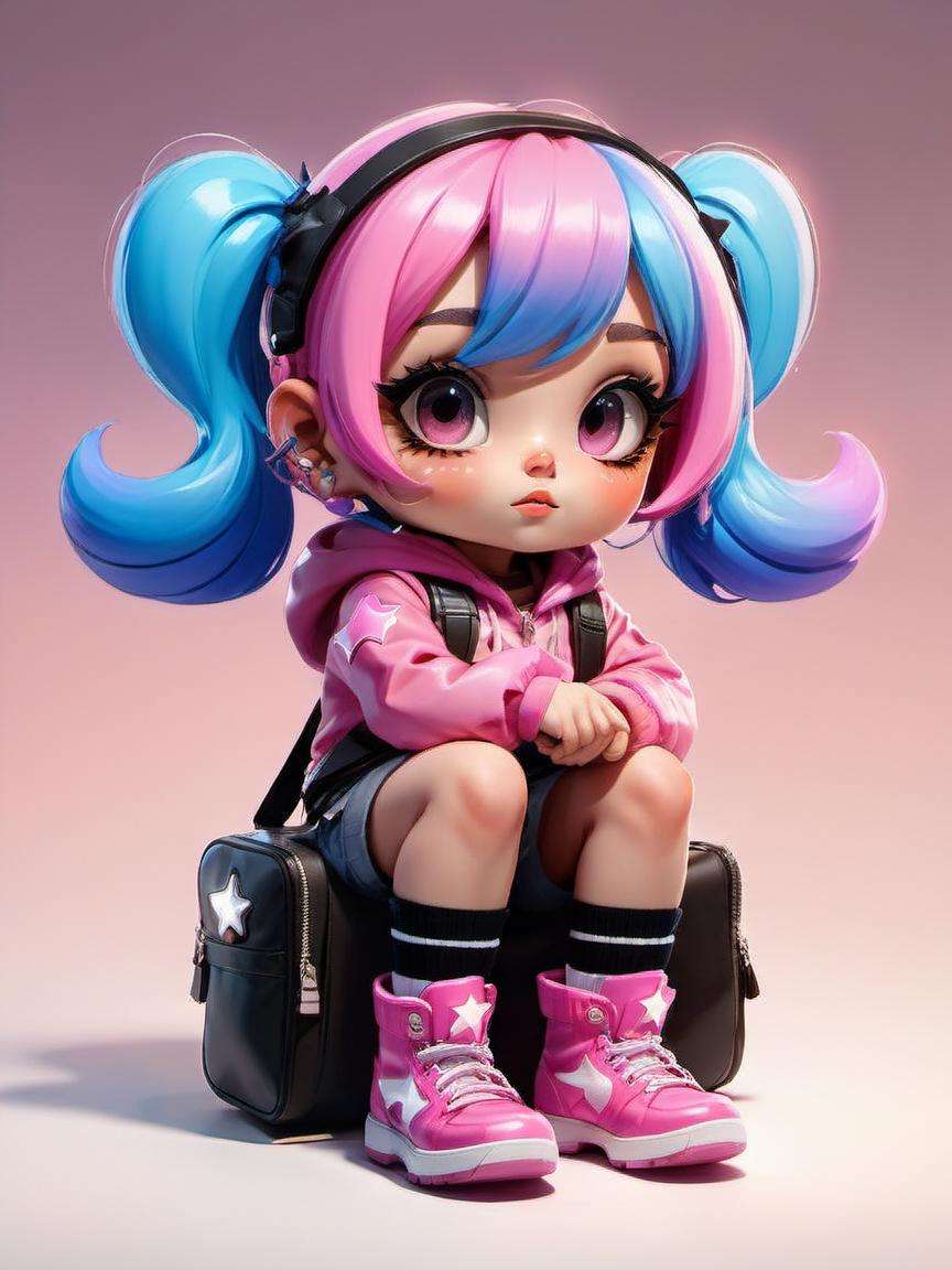 masterpiece,best quality,8k,cinematic light,ultra high res,chibi,1girl,bag,backpack,solo,multicolored hair,shorts,star \,(symbol\),blue hair,hood,sitting,pink hair,star hair ornament,head rest,socks,pink footwear,black shorts,hair ornament,full body,boots,bandaid,gradient,twintails,jacket,<lora:chibi:0.7>,chibi,