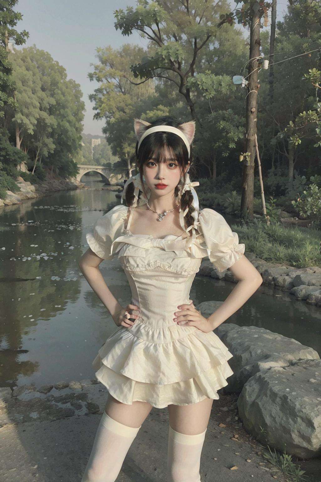 masterpiece,best quality,(photorealistic:1.4),1girl,Fairy dress,(cat ears:1.2),full body,white dress,(river:1.3),(lens flare:1.2),(large breasts:1.3),(hand on hip:1.3),(shore:1.1),(street:1.2),outdoors,(ultra detailed:1.3),masterpiece,unity 8k wallpaper,<lora:xiunv_20230808175730:0.8>,