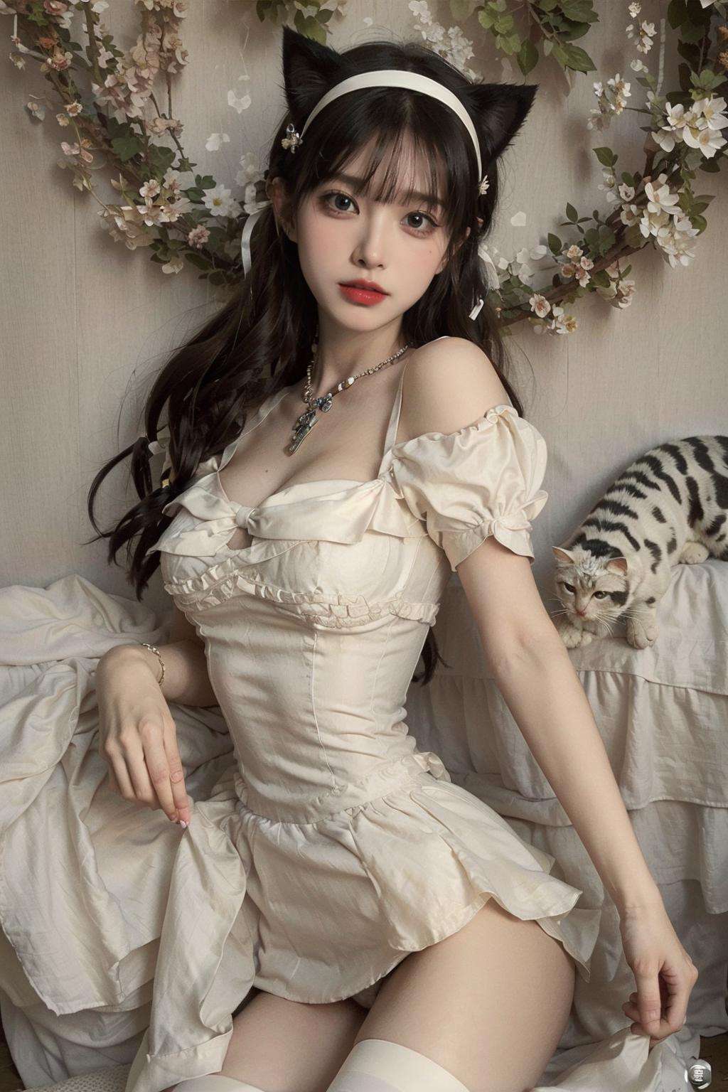 masterpiece,best quality,(photorealistic:1.4),1girl,Fairy dress,(put your hand on your chest:1.3),(cat ears:1.2),full body,white dress,(river:1.3),(lens flare:1.2),(large breasts:1.3),(shore:1.1),(street:1.2),outdoors,(ultra detailed:1.3),masterpiece,unity 8k wallpaper,<lora:xiunv_20230808175730:0.7>,