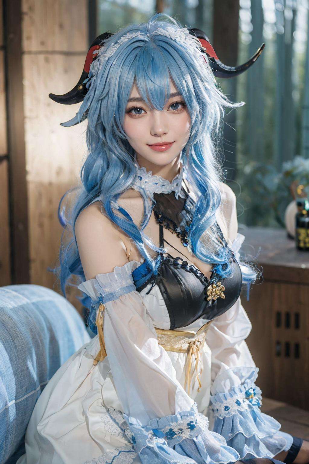 {{masterpiece, best quality, extremely detailed CG, unity 8k wallpaper, cinematic lighting, lens flare}},blue hair,(goat horns:1.2),ganyu french maid,Blue and white cheongsam,qipaoganyu,hair between eyes,pantyhose,(looking at viewer:1.2),blue eyes,black dress,wide view,full body,sitting,cosplay,ganyu \(genshin impact\),thick body,ganyu,chinese clothes,long blond hair,green eyes,(bamboo forest:1.3),stone path,smile,onsen,<lora:qipaoganyu_20230728184108:0.8>,