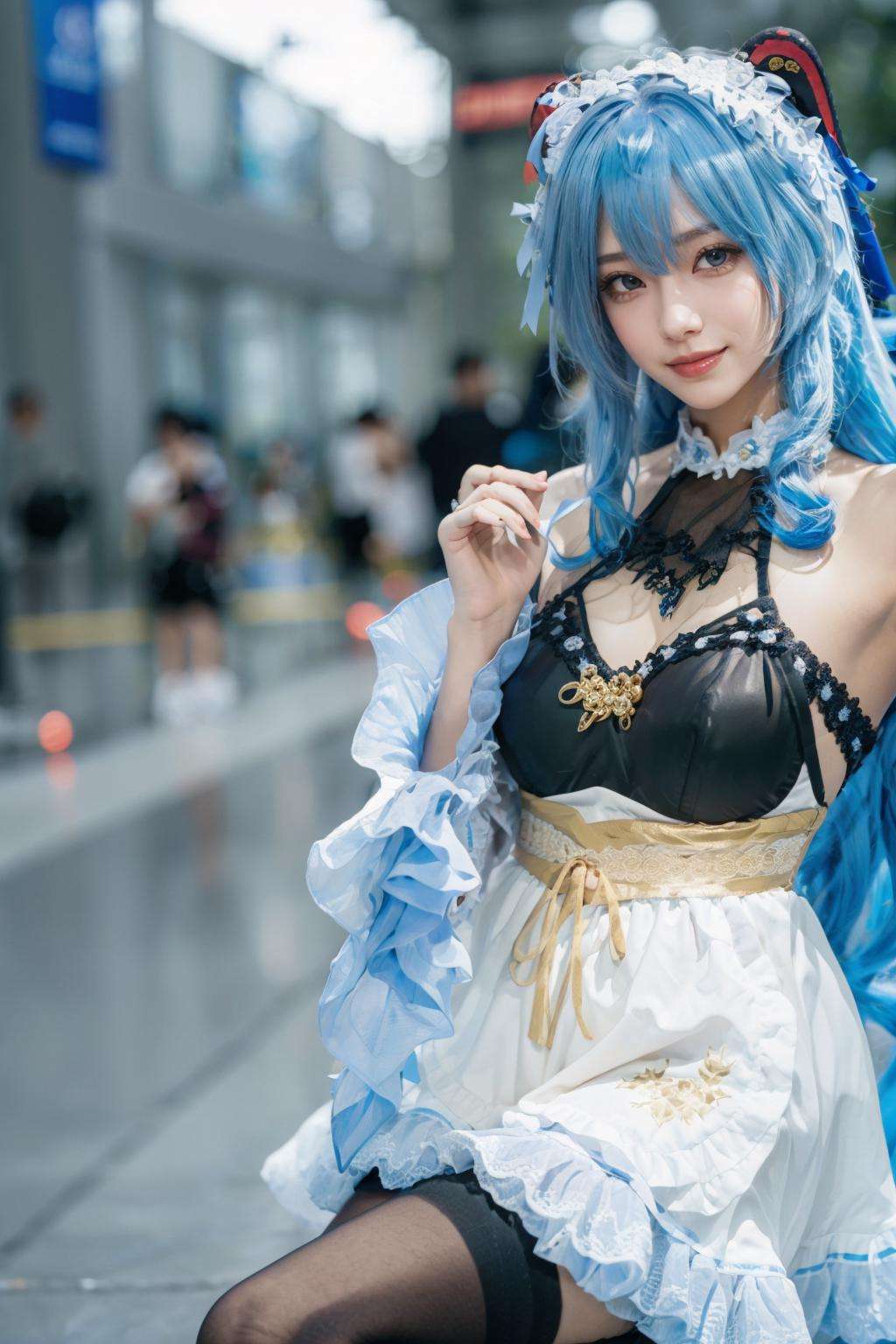 {{masterpiece, best quality, extremely detailed CG, unity 8k wallpaper, cinematic lighting, lens flare}},blue hair,(goat horns:1.2),ganyu french maid,Blue and white cheongsam,qipaoganyu,hair between eyes,pantyhose,(looking at viewer:1.2),blue eyes,black dress,wide view,full body,sitting,cosplay,ganyu \(genshin impact\),thick body,ganyu,chinese clothes,long blond hair,green eyes,(bamboo forest:1.3),stone path,smile,onsen,<lora:qipaoganyu_20230728184108:0.8>,