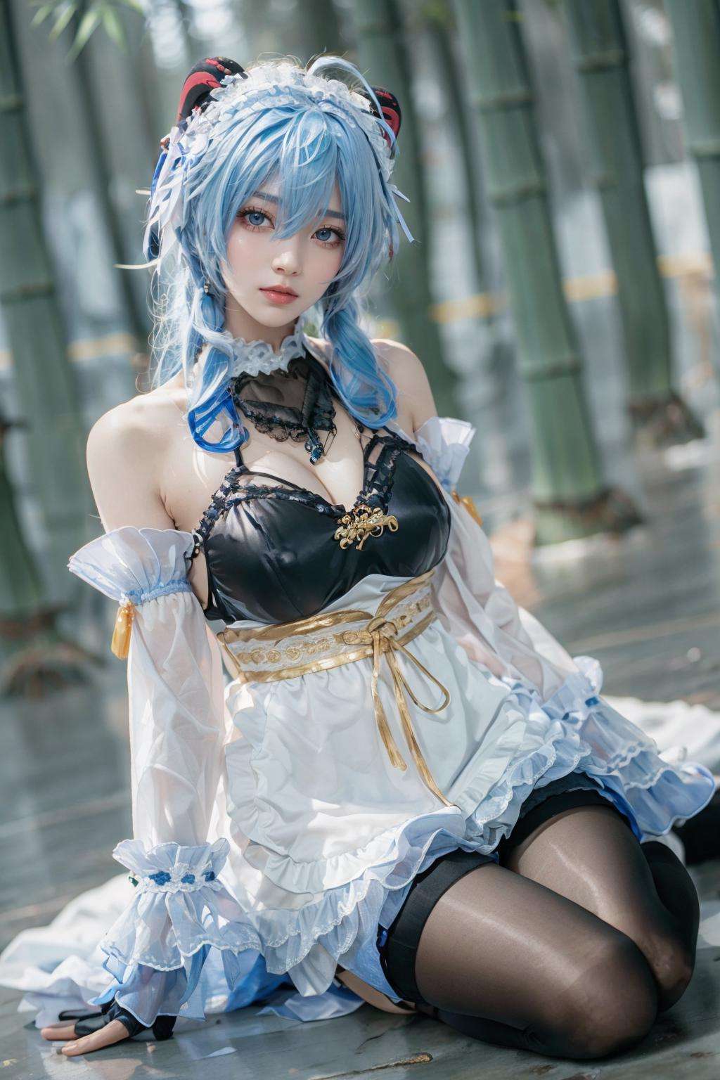 {{masterpiece, best quality, extremely detailed CG, unity 8k wallpaper, cinematic lighting, lens flare}},blue hair,(goat horns:1.2),(black gloves:1.2),ganyu french maid,Blue and white cheongsam,qipaoganyu,hair between eyes,pantyhose,(looking at viewer:1.2),blue eyes,black dress,wide view,full body,sitting,cosplay,ganyu \(genshin impact\),thick body,ganyu,chinese clothes,long blond hair,green eyes,(bamboo forest:1.3),stone path,onsen,<lora:qipaoganyu_20230728184108:0.8>,