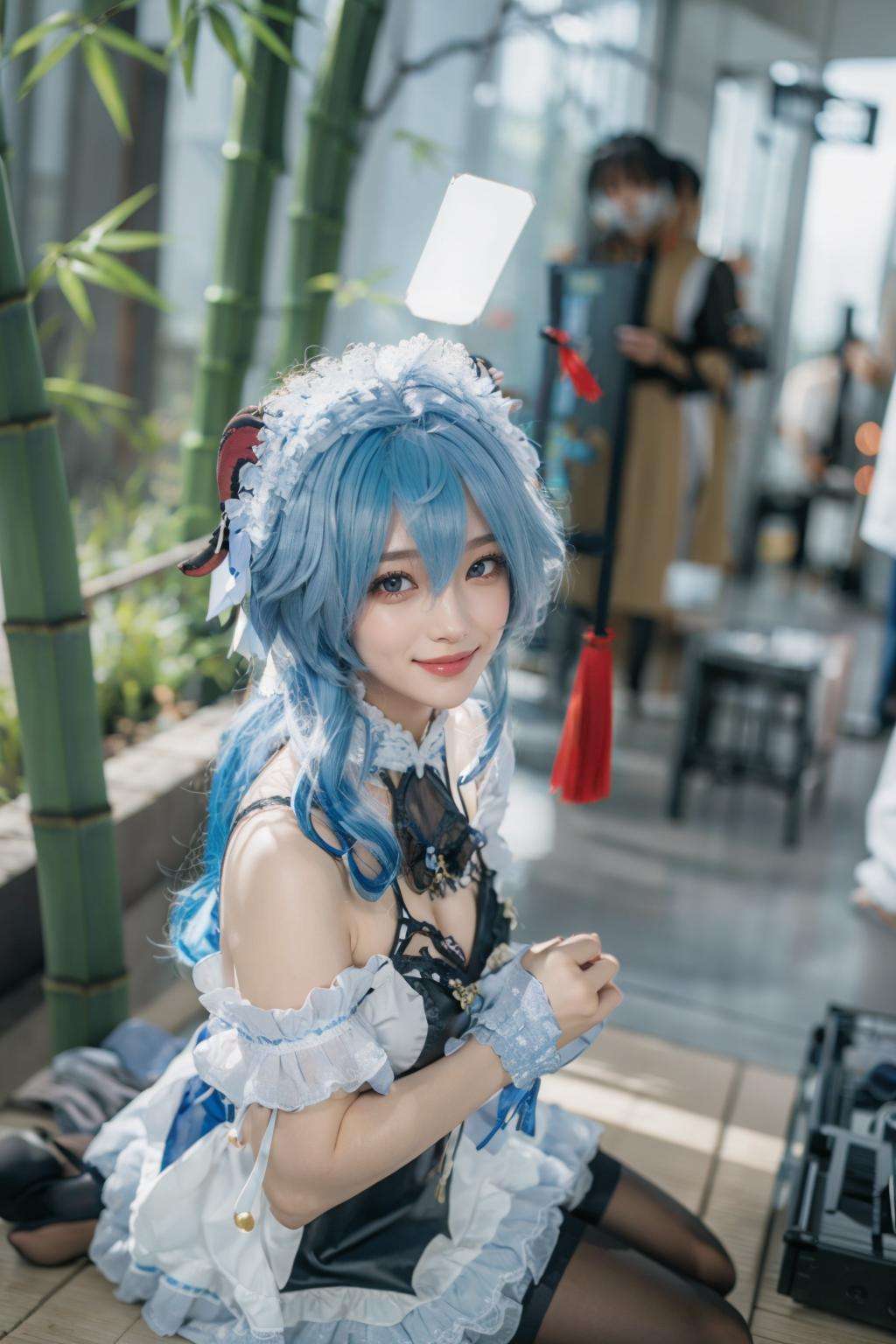 {{masterpiece, best quality, extremely detailed CG, unity 8k wallpaper, cinematic lighting, lens flare}},blue hair,(goat horns:1.2),ganyu french maid,Blue and white cheongsam,qipaoganyu,hair between eyes,pantyhose,(looking at viewer:1.2),blue eyes,black dress,wide view,full body,sitting,cosplay,ganyu \(genshin impact\),thick body,ganyu,chinese clothes,long blond hair,green eyes,(bamboo forest:1.3),stone path,smile,onsen,<lora:qipaoganyu_20230728184108:0.8>,