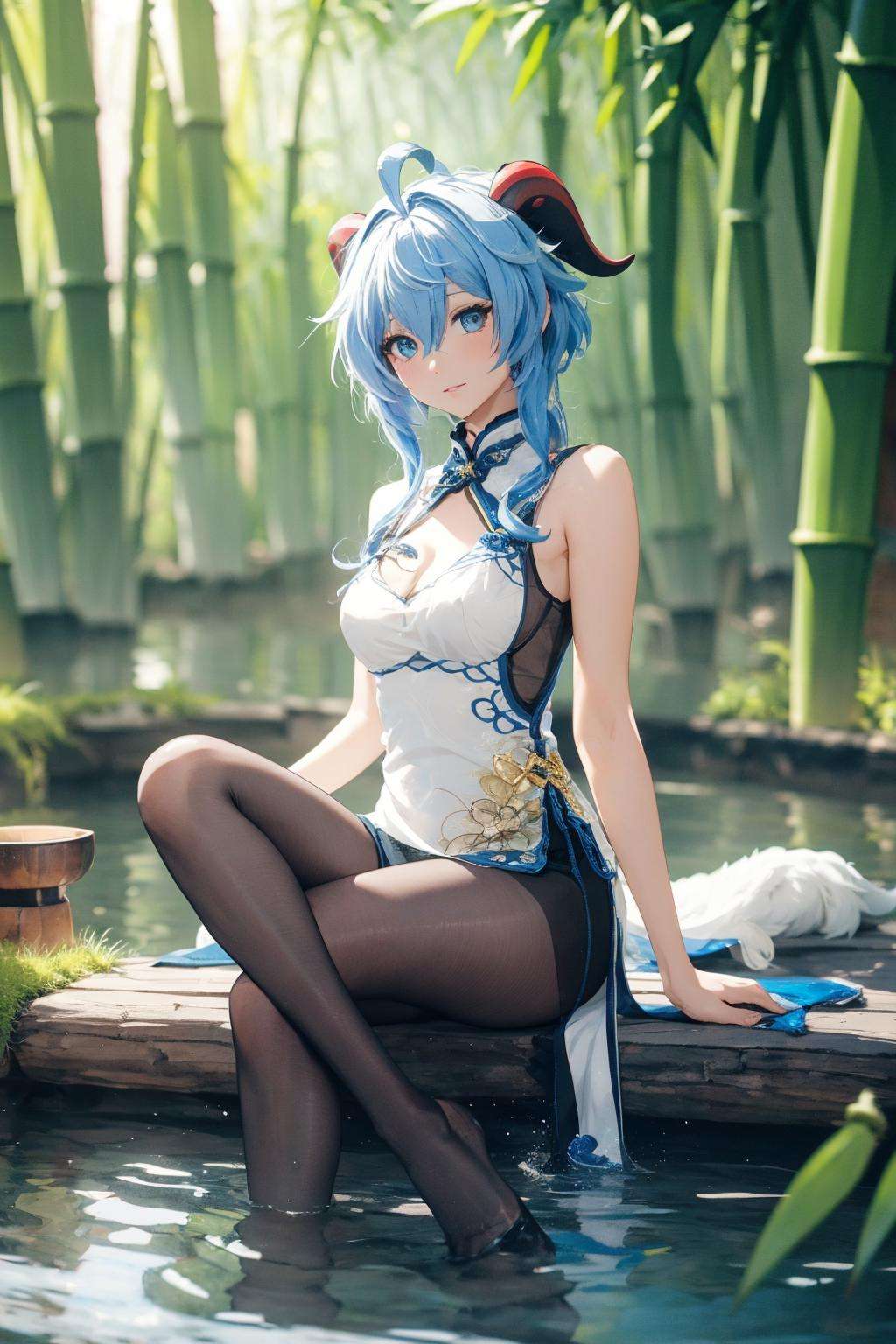 {{masterpiece, best quality, extremely detailed CG, unity 8k wallpaper, cinematic lighting, lens flare}},blue hair,(goat horns:1.2),Blue and white cheongsam,qipaoganyu,hair between eyes,pantyhose,(looking at viewer:1.2),blue eyes,black dress,wide view,full body,sitting,cosplay,ganyu \(genshin impact\),thick body,ganyu,chinese clothes,long hair,green eyes,(bamboo forest:1.3),stone path,onsen,<lora:qipaoganyu_20230728170713:0.8>,