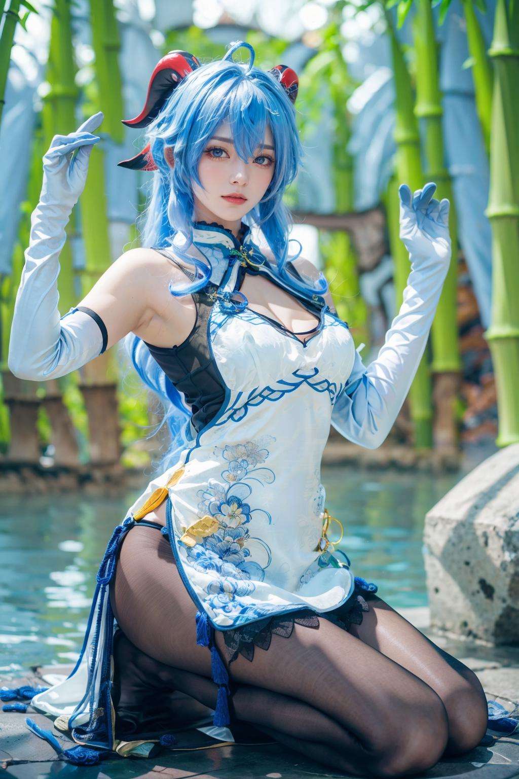 {{masterpiece, best quality, extremely detailed CG, unity 8k wallpaper, cinematic lighting, lens flare}},blue hair,(goat horns:1.2),elbow gloves,Blue and white cheongsam,qipaoganyu,hair between eyes,pantyhose,(looking at viewer:1.2),blue eyes,black dress,wide view,full body,sitting,cosplay,ganyu \(genshin impact\),thick body,ganyu,chinese clothes,long hair,green eyes,(bamboo forest:1.3),stone path,onsen,<lora:qipaoganyu_20230728170713:0.8>,