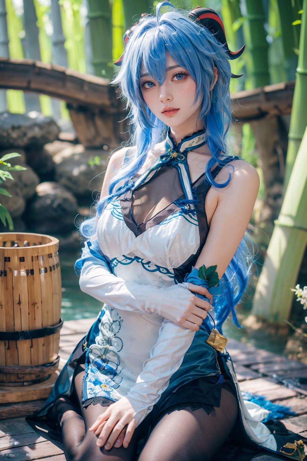 {{masterpiece, best quality, extremely detailed CG, unity 8k wallpaper, cinematic lighting, lens flare}},blue hair,(goat horns:1.2),Blue and white cheongsam,qipaoganyu,hair between eyes,pantyhose,(looking at viewer:1.2),blue eyes,black dress,wide view,full body,sitting,cosplay,ganyu \(genshin impact\),thick body,ganyu,chinese clothes,long hair,green eyes,(bamboo forest:1.3),stone path,onsen,<lora:qipaoganyu_20230728170713:0.8>,