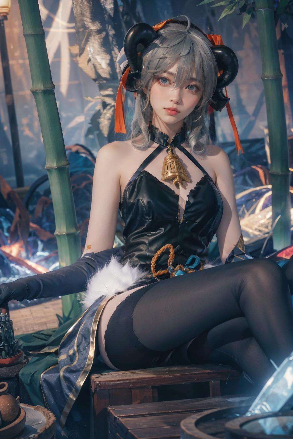 {{masterpiece, best quality, extremely detailed CG, unity 8k wallpaper, cinematic lighting, lens flare}},blue hair,(goat horns:1.2),elbow gloves,Blue and white cheongsam,qipaoganyu,hair between eyes,pantyhose,(looking at viewer:1.2),blue eyes,black dress,wide view,full body,sitting,cosplay,ganyu \(genshin impact\),thick body,ganyu,chinese clothes,long hair,green eyes,(bamboo forest:1.3),stone path,onsen,<lora:ganyuheian_20230729001327-000009:0.7>,