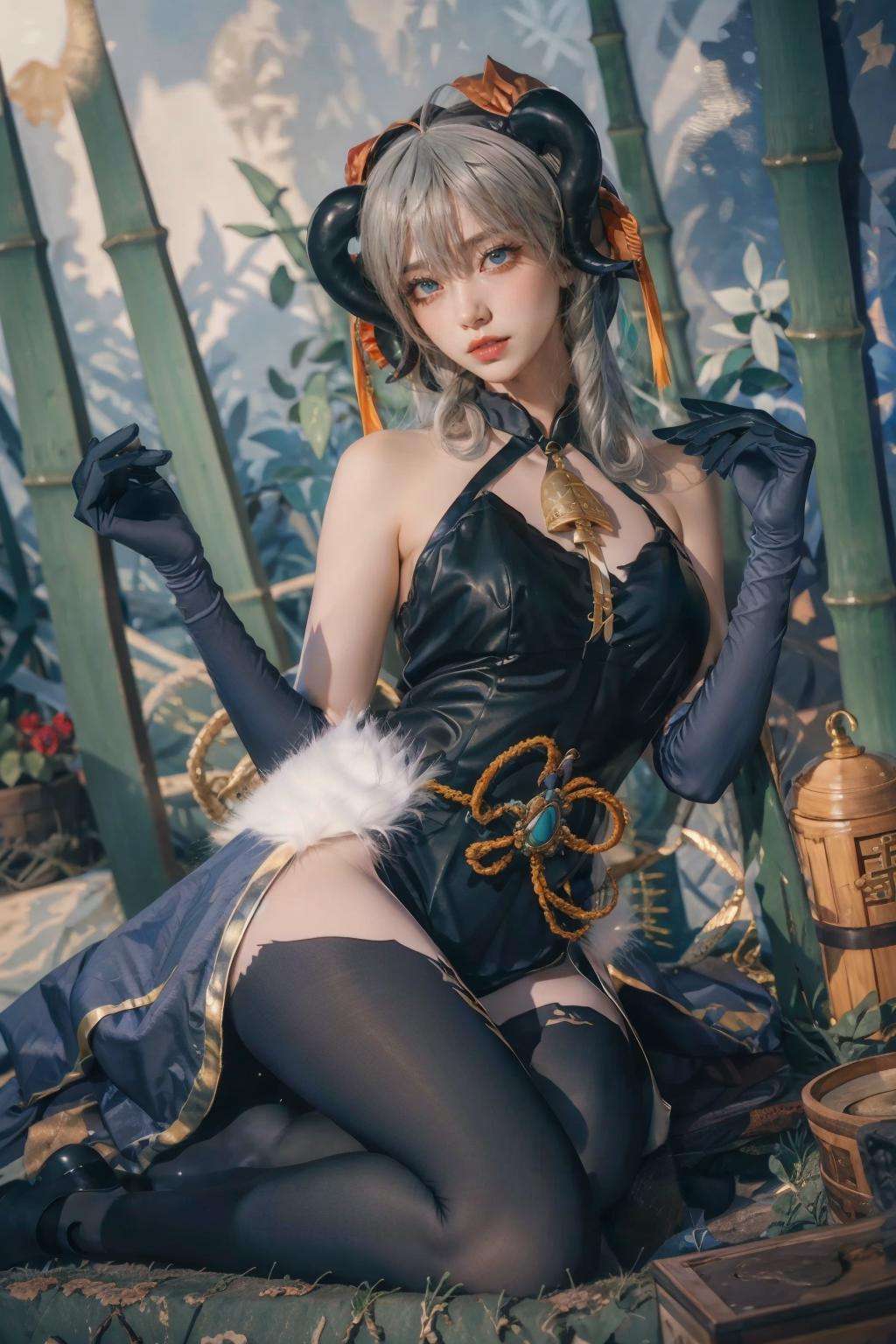 {{masterpiece, best quality, extremely detailed CG, unity 8k wallpaper, cinematic lighting, lens flare}},blue hair,ganyu,(goat horns:1.2),elbow gloves,Blue and white cheongsam,qipaoganyu,hair between eyes,pantyhose,(looking at viewer:1.2),blue eyes,black dress,wide view,full body,sitting,cosplay,ganyu \(genshin impact\),thick body,ganyu,chinese clothes,long hair,green eyes,(bamboo forest:1.3),stone path,onsen,<lora:ganyuheian_20230729001327:0.7>,ganyuheian,