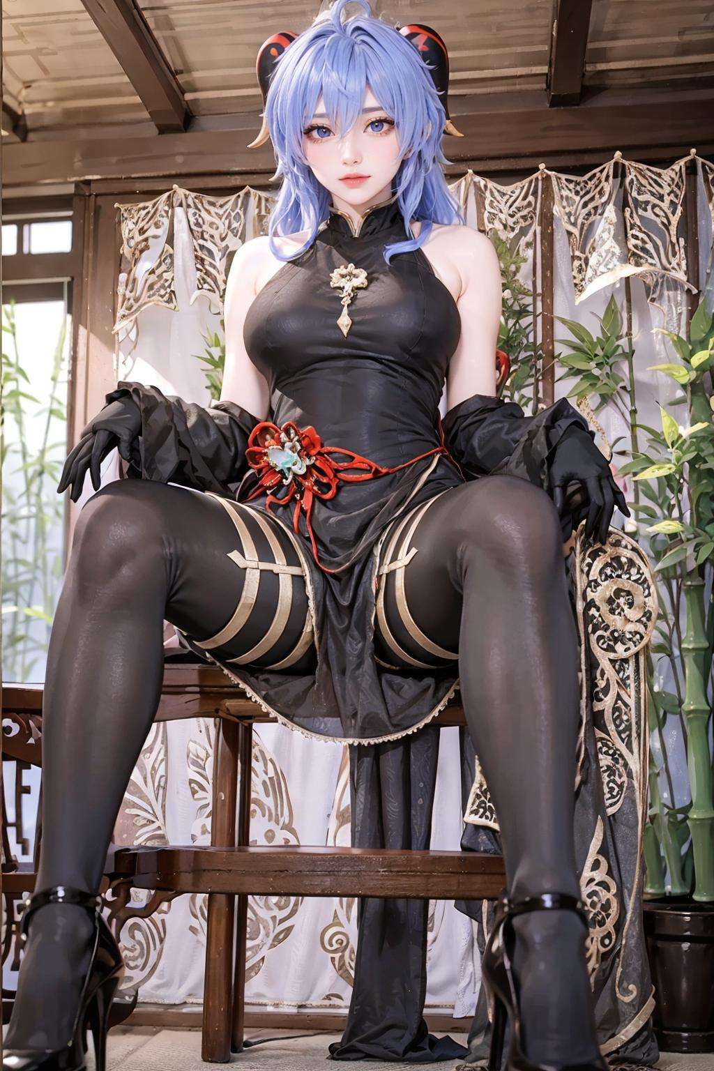 {{masterpiece, best quality, extremely detailed CG, unity 8k wallpaper, cinematic lighting, lens flare}},blue hair,(goat horns:1.2),ganyu french maid,qipaoganyu,hair between eyes,(pantyhose:1.2),(looking at viewer:1.2),blue eyes,black dress,wide view,full body,sitting,cosplay,ganyu \(genshin impact\),thick body,ganyu,green eyes,(bamboo forest:1.3),stone path,<lora:qipaoganyu_20230728182043-000009:0.7>,