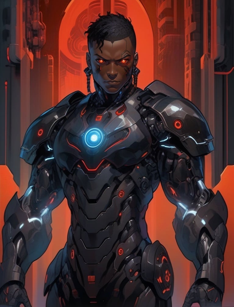 1boy, armor, black hair, cyberpunk, cyborg, dark-skinned male, dark skin, glowing, glowing eyes, looking at viewer, male focus, power armor, red eyes, science fiction, solo, full body <lora:sdxl_cyborg style-000003:1>