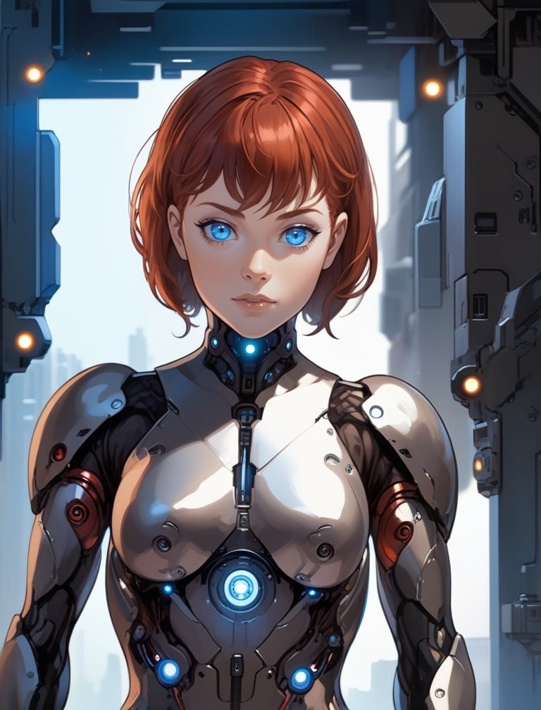 1girl, blue eyes, bodysuit, breasts, brown hair, cyborg, lips, looking at viewer, realistic, red hair, science fiction, short hair, solo, upper body <lora:sdxl_cyborg style-000003:1>