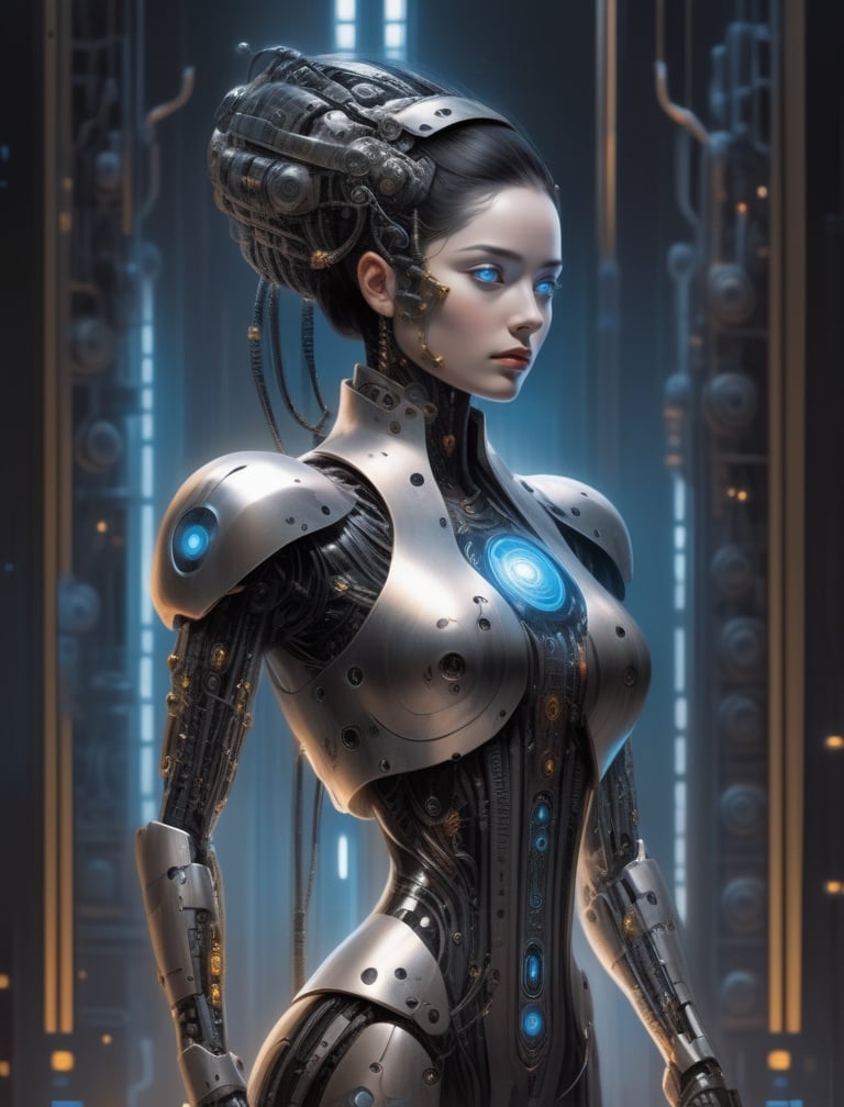 (masterpiece, best quality), ancient queen, empress, cyborg style, 1girl, solo, black hair, blue eyes, cable, mechanical parts, spine, android, cyborg, science fiction, simple background, black background, mysterious, fantasy, cyberpunk <lora:sdxl_cyborg style-000003:1>