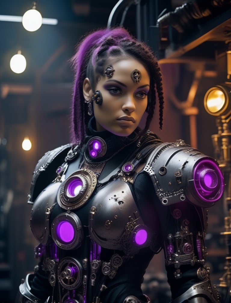 cyborg, cyber girl power armor-hoodie adeptus mechanicus, eyepieces, finely detailed armor, looking away, encrusted with skulls, black and purple, warhammer 40k, dark tones, blacksmith shop in the background, sparks, cinematic lighting, hyper  <lora:sdxl_cyborg style-000003:1>