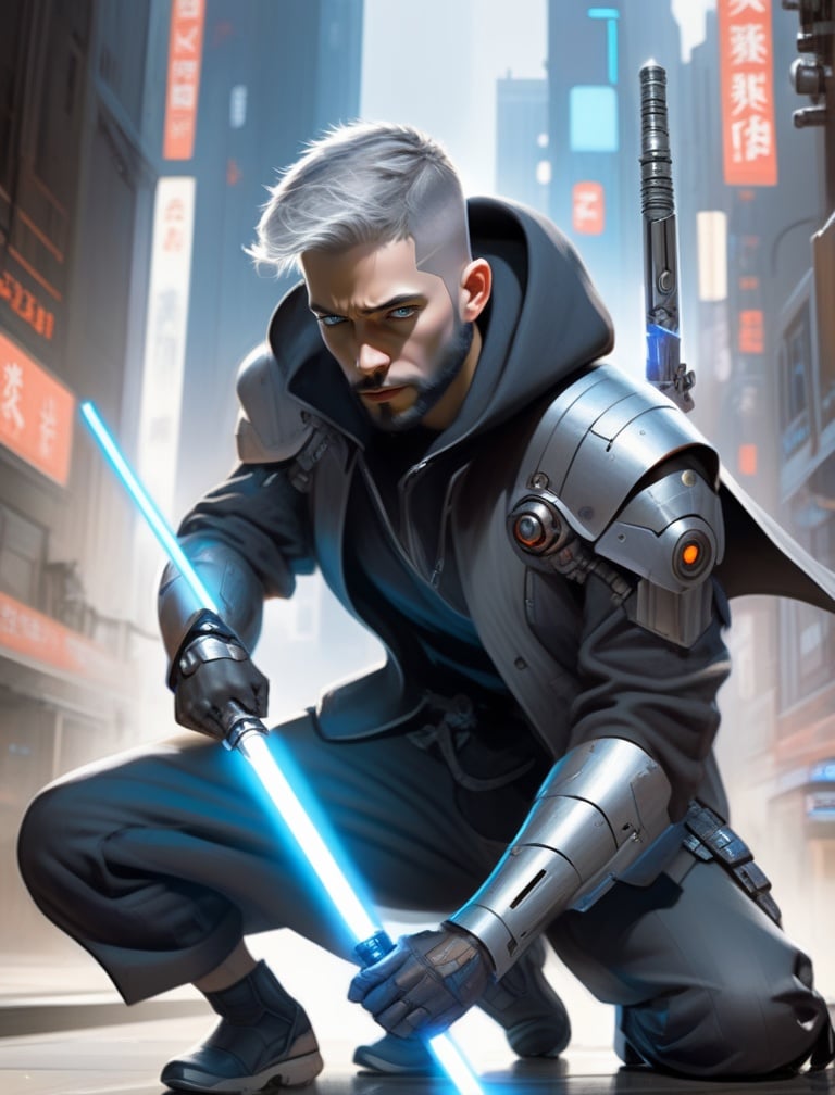 (masterpiece, best quality),1boy, beard, belt, city, cyberpunk, cyborg, energy sword, facial hair, grey hair, hood, hood down, jacket, kneeling, lightsaber, looking at viewer, male focus, mechanical arms, pants, realistic, science fiction, short hair, single mechanical arm, solo, sword, weapon <lora:sdxl_cyborg style-000003:0.65>