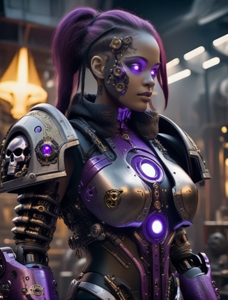 cyborg, cyber girl power armor-hoodie adeptus mechanicus, eyepieces, finely detailed armor, looking away, encrusted with skulls, black and purple, warhammer 40k, dark tones, blacksmith shop in the background, sparks, cinematic lighting, hyper realistic, mysterious <lora:sdxl_cyborg style-000003:1>