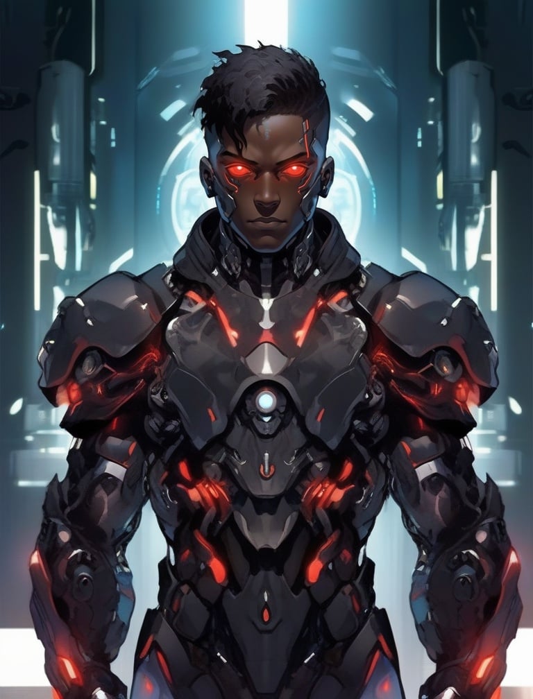 1boy, armor, black hair, cyberpunk, cyborg, dark-skinned male, dark skin, glowing, glowing eyes, looking at viewer, male focus, power armor, red eyes, science fiction, solo, upper body <lora:sdxl_cyborg style-000003:1>