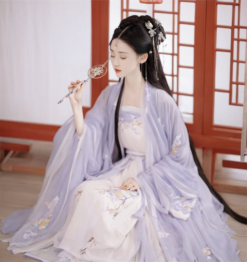 1girl, Daxiushan, Daxiushan style, black hair, bracelet, chinese clothes, closed eyes, dress, hair ornament, hand fan, hanfu, holding, indoors, jewelry, long hair, mirror, sit, sitting, solo <lora:sdxl_Daxiushan-000003:1>