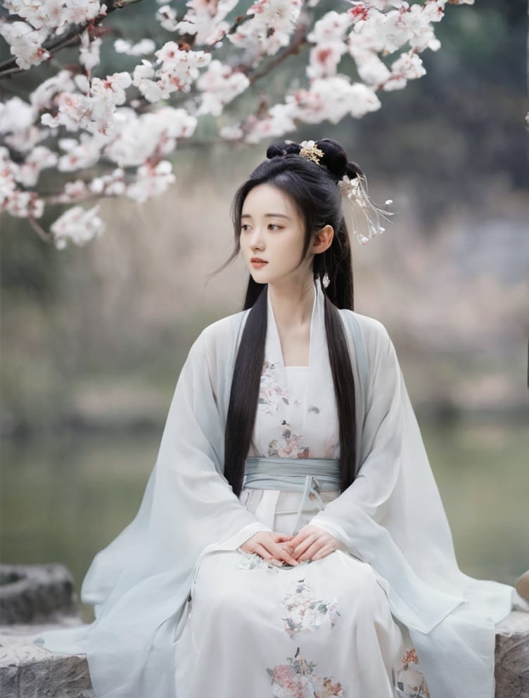 1girl, Daxiushan, Daxiushan style, black hair, blurry background, chinese clothes, dress, flower, hair bun, hair ornament, hanfu, long hair, sit, sitting, solo, white dress <lora:sdxl_Daxiushan-000003:1>