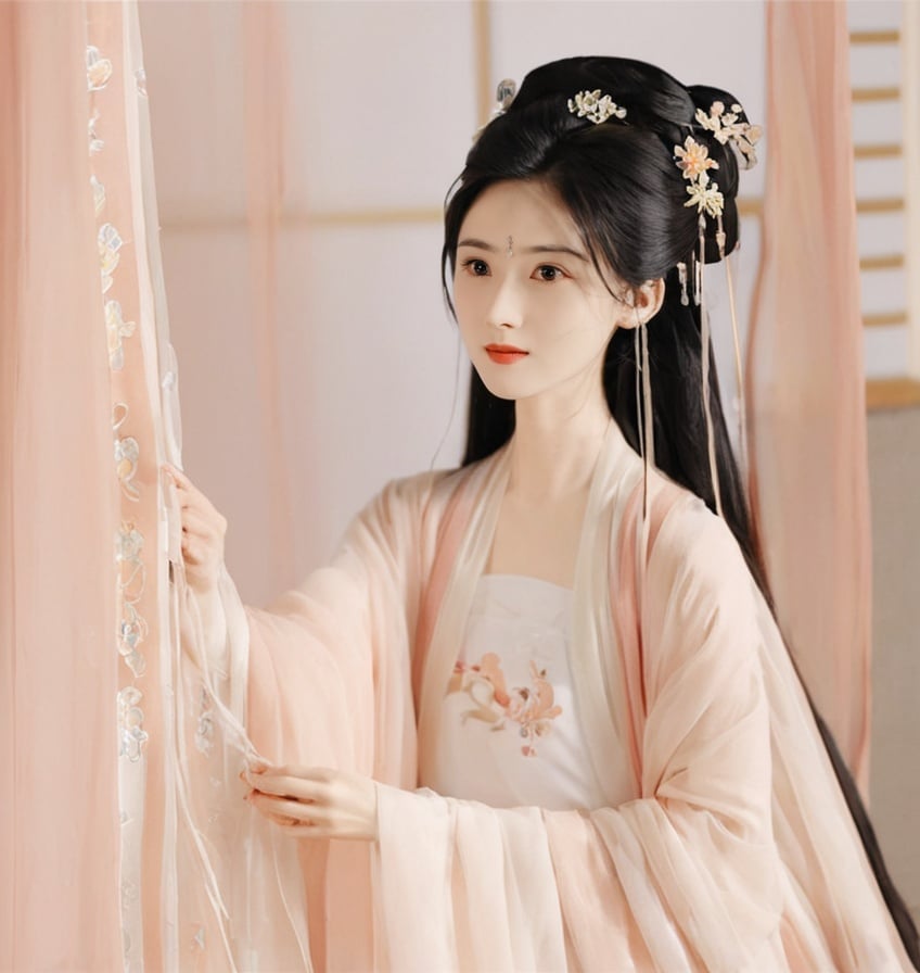 1girl, Daxiushan, Daxiushan style, black hair, chinese clothes, curtain grab, curtains, facial mark, forehead mark, hair ornament, hand fan, hanfu, long hair, solo, upper body <lora:sdxl_Daxiushan-000003:1>