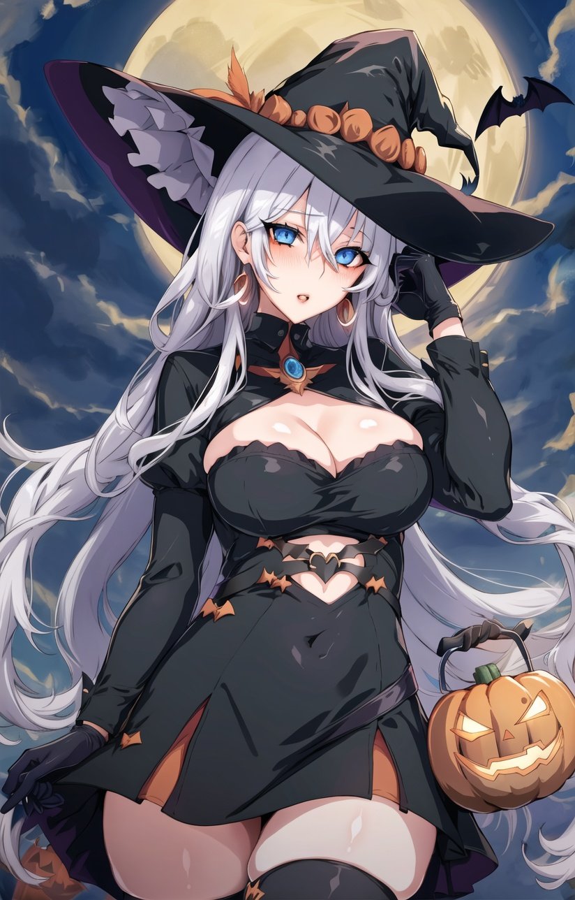 1girl, breasts, hat, long hair, solo, thighhighs, blue eyes, moon, large breasts, witch hat, looking at viewer, zettai ryouiki, cleavage, gloves, earrings, bat (animal), full moon, jewelry, halloween, covered navel, white hair, night, parted lips, long sleeves, bangs, thighs, black thighhighs, hand up, short dress, jack-o'-lantern, skindentation, dress, black gloves, blush, witch, pumpkin, black headwear, outdoors, cowboy shot, shiny clothes, night sky, shiny, clothing cutout, masterpiece, best quality,