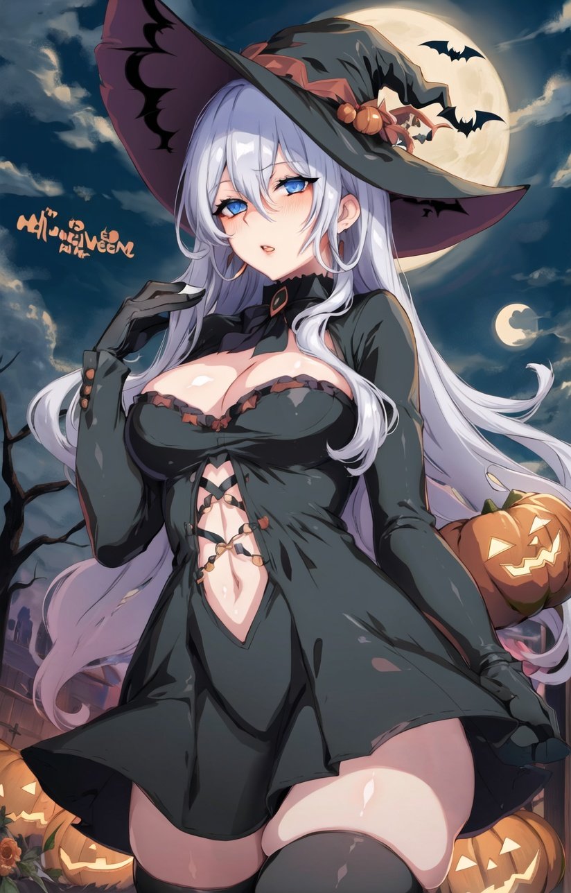 1girl, breasts, hat, long hair, solo, thighhighs, blue eyes, moon, large breasts, witch hat, looking at viewer, zettai ryouiki, cleavage, gloves, earrings, bat (animal), full moon, jewelry, halloween, covered navel, white hair, night, parted lips, long sleeves, bangs, thighs, black thighhighs, hand up, short dress, jack-o'-lantern, skindentation, dress, black gloves, blush, witch, pumpkin, black headwear, outdoors, cowboy shot, shiny clothes, night sky, shiny, clothing cutout, masterpiece, best quality,