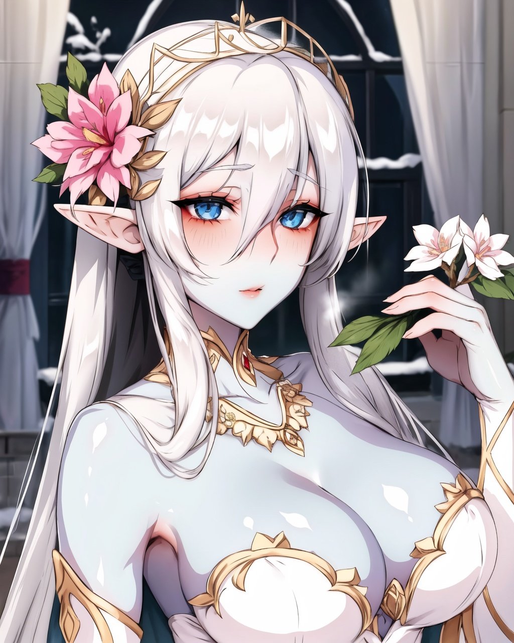 Close up, wearing crystal flowers on her head, silk gauze, the beautiful girl has an elf like appearance, lace, medium breasts, long stockings, and gorgeous jewelry all over her body. Her snow-white hair is flowing, and she has a fleshy feeling,She is a dark elf, (her skin is Brown:1.2)，, masterpiece, best quality,