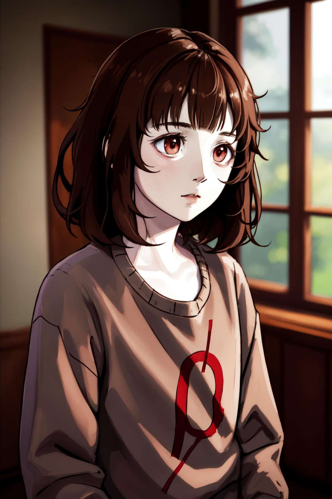 <lora:Milk-chan-13:0.7> M-chan, pale skin, brown hair, 1girl, depth of field, indoors background, realistic, realism , detailed hair, soft shadows, soft light, 