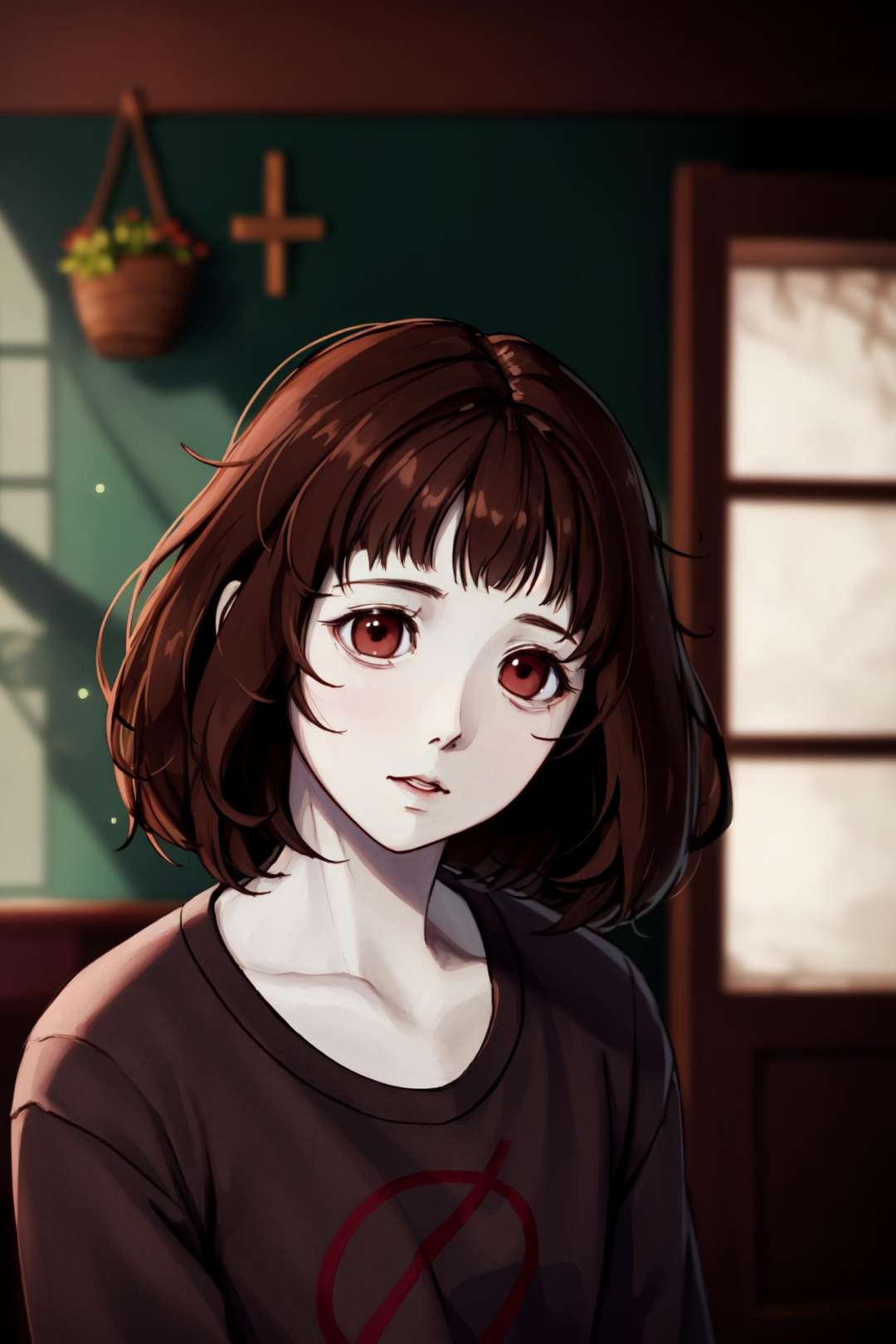 <lora:Milk-chan-13:0.7> M-chan, pale skin, brown hair, 1girl, depth of field, indoors background, realistic, realism , detailed hair, soft shadows, soft light, 