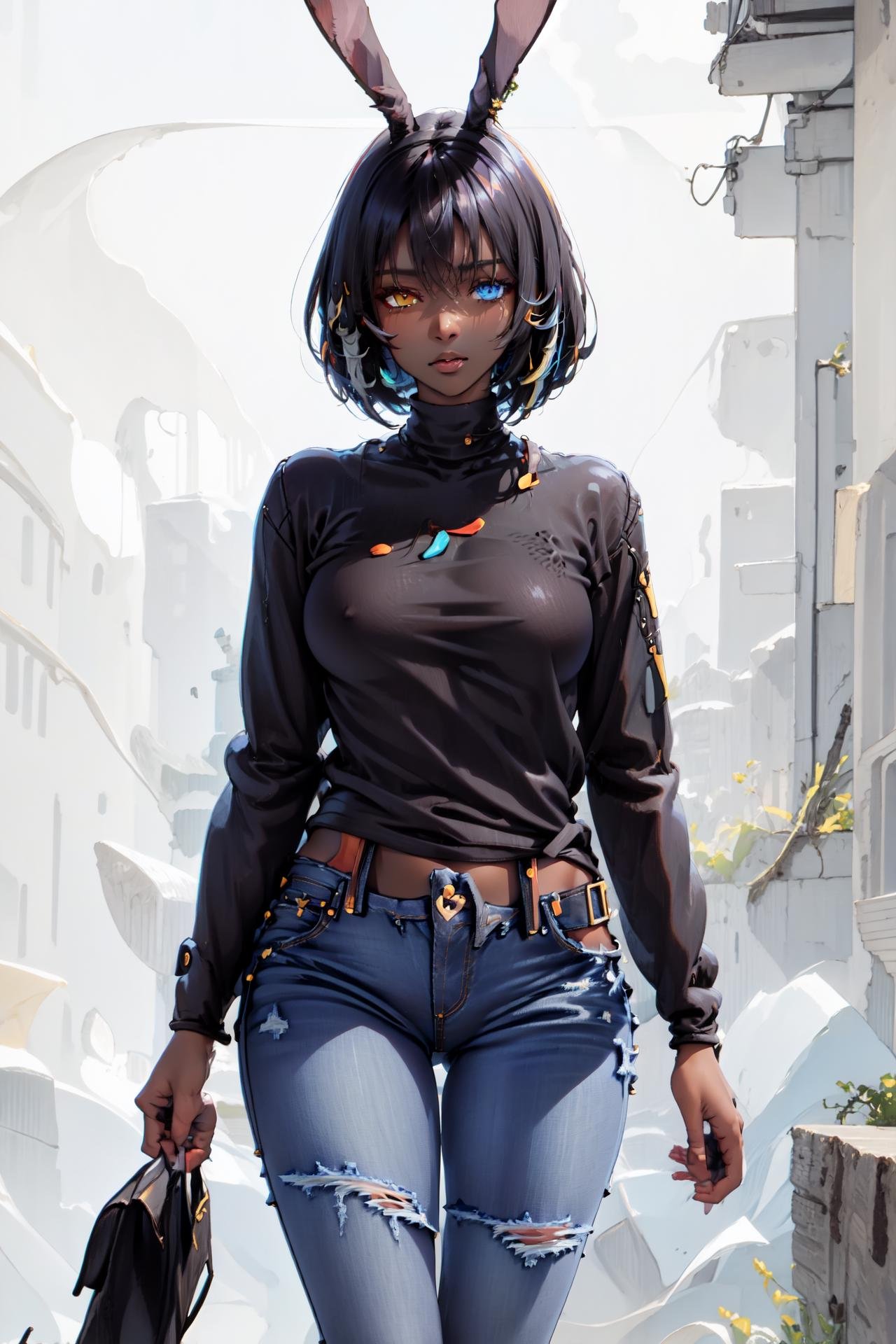 (jeans:1.5), <lora:ABPOPA-05:1>, ABPOPA, heterochromia, black long bunny ears, black short hair, small breast, large hips, dark skin, muscular female,  