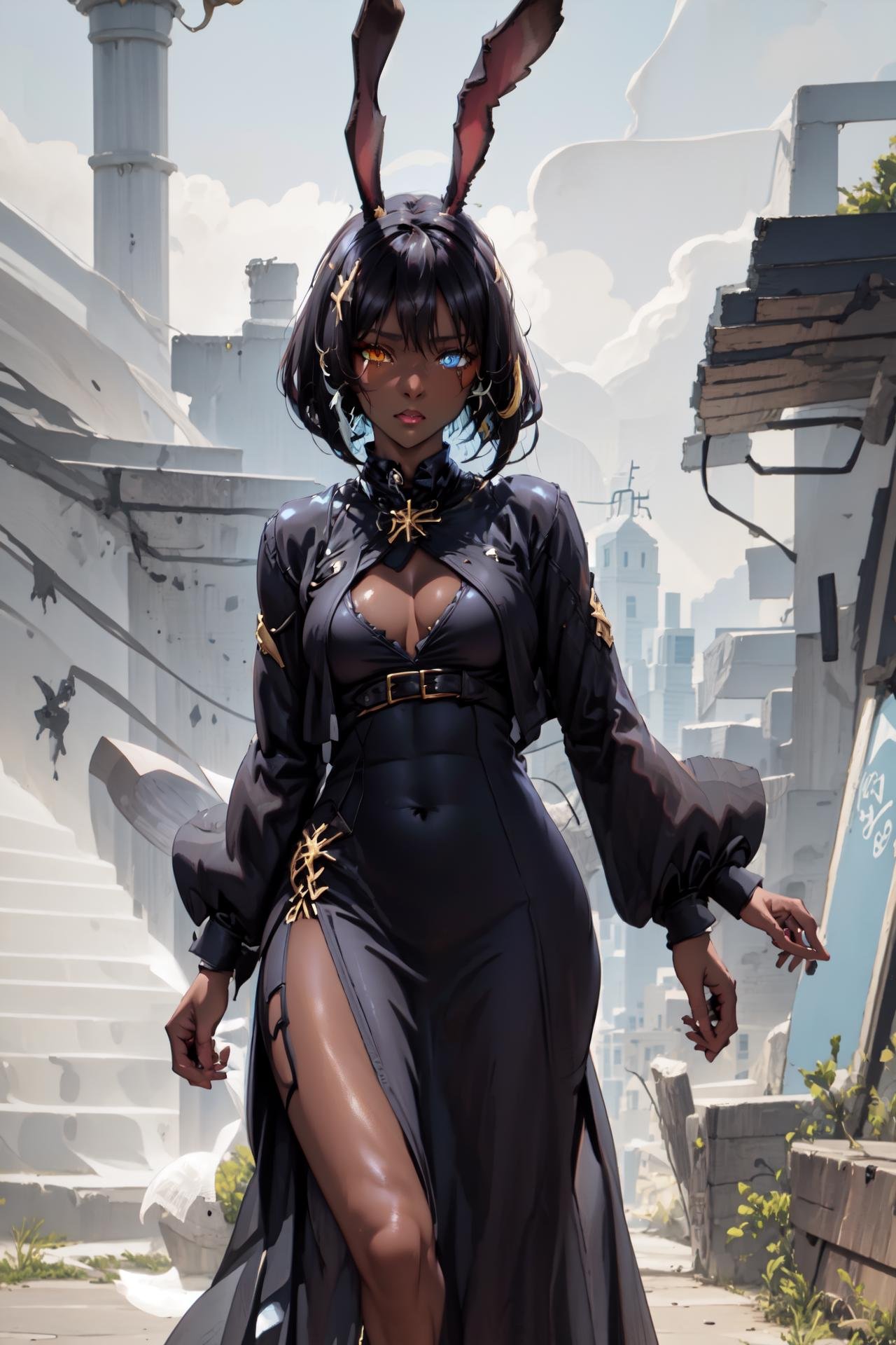 (maxi dress:1.5), <lora:ABPOPA-05:1>, ABPOPA, heterochromia, black long bunny ears, black short hair, small breast, large hips, dark skin, muscular female,  