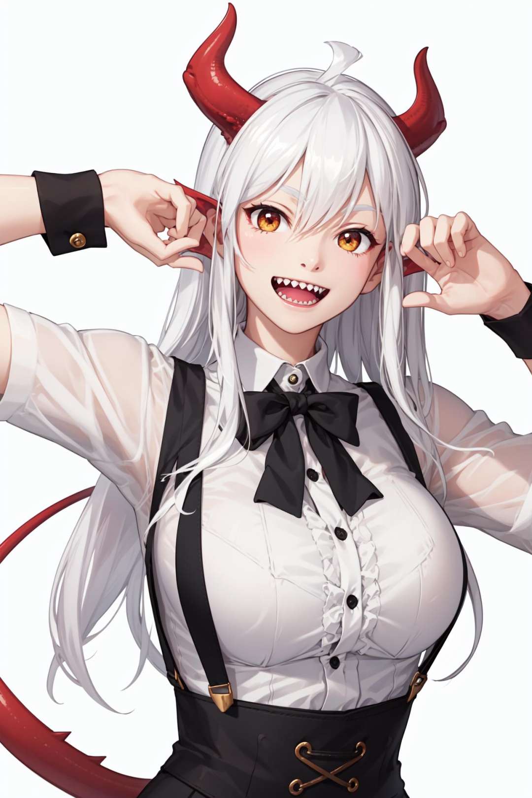 <lora:Ryu_notmonster_cafe_Ryu's_V1:0.7>, Ryu_notmonstercafe, 1girl, teeth, fangs, upper body, open mouth, suspenders, smile, black border, wrist cuffs, looking at viewer, solo, border, :d, simple background, white shirt, sharp teeth, shirt, white background