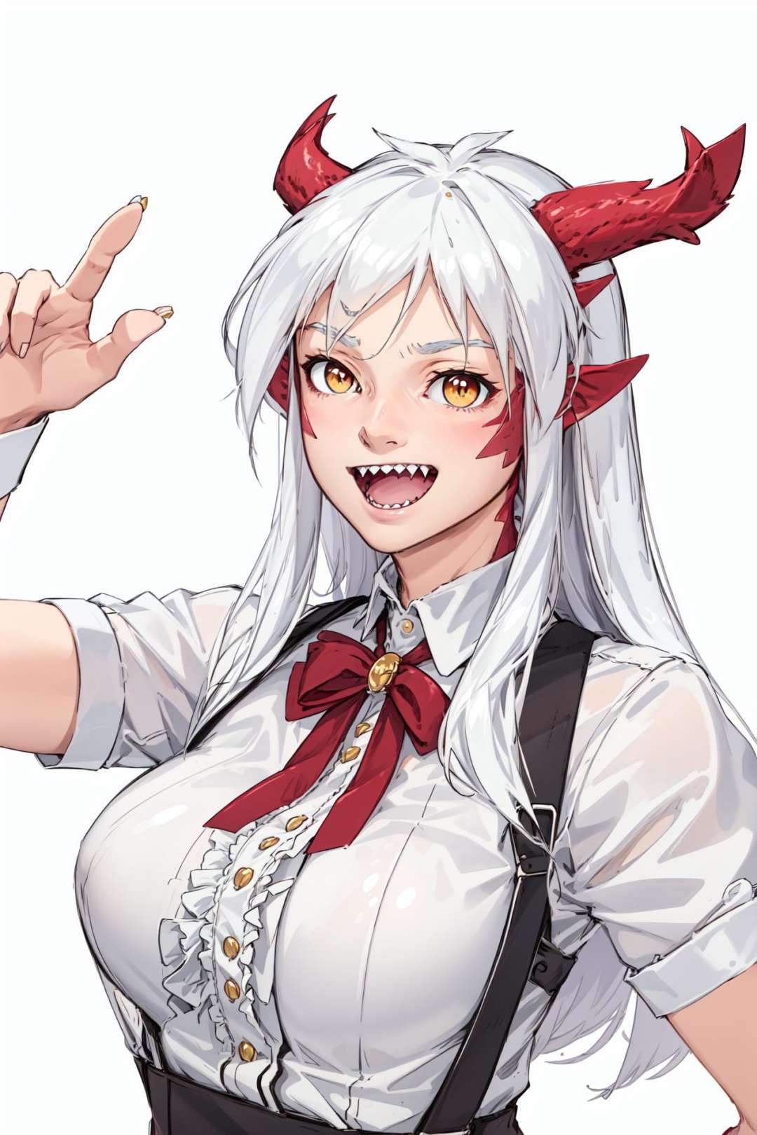 <lora:Ryu_notmonster_cafe_Ryu's_V2:0.7>, Ryu_notmonstercafe, 1girl, teeth, fangs, upper body, open mouth, suspenders, smile, black border, wrist cuffs, looking at viewer, solo, border, :d, simple background, white shirt, sharp teeth, shirt, white background 